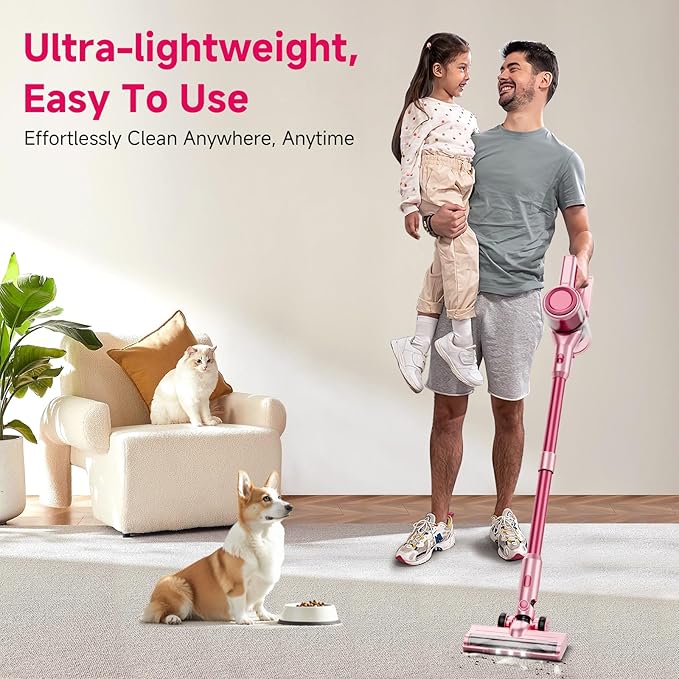 Cordless Vacuum Cleaner, 8 in 1 40Kpa 55Mins,Lightweight Vacuum Cleaners for Home, Stick Vacuum with Anti-Tangle Brush,Wall Mount, Rechargeable Cordless Vacuum for Floor/Sofa/Pet Hair,Pink