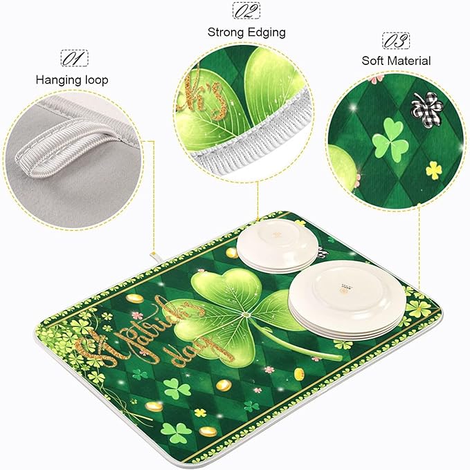 St Patrick's Day Clovers Green Dish Drying Mat 18x24 for Kitchen Lucky Shamrock Leaves Golden Coins Dishes Pad Dish Drainer Rack Mats Absorbent Fast Dry Kitchen Accessories