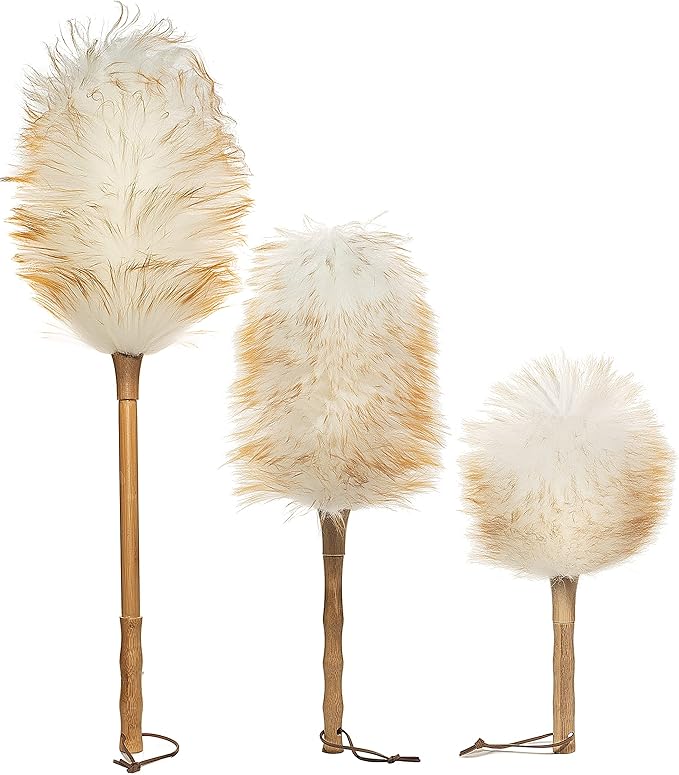 Avain Wool Duster with Wood Handle, Blinds Cleaner Purifier, Brush Cleaning Tool, Lambswool Dusters for Cleaning Vehicles, Office and Housework Dusting 18.inches Long (Pure, Pack of 3)