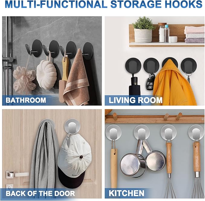Adhesive Hooks for Bathrooms, 4 Piece Towel Hooks for Hanging Hat Robe Coat, Stick on Hooks for Kitchens, Strong Self-Adhesive No Damage Waterproof Stainless Steel Sticky Hook (Black)