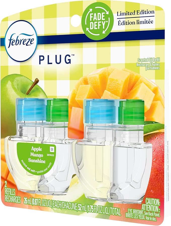 Febreze Plug In Air Freshener, Odor-Fighting Scented Oil Refill, Apple Mango Sunshine Scent, 2 Refill