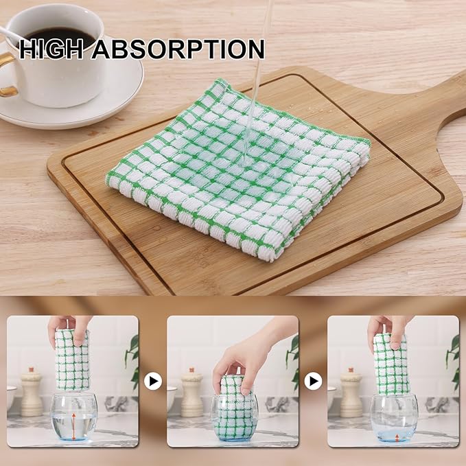 Kitinjoy Cotton 12 Pack Terry Kitchen Towels, 16 x 25 Inches Super Soft and Absorbent Dish Towels, Quick Drying Hand Towels for Kitchen Drying, Green