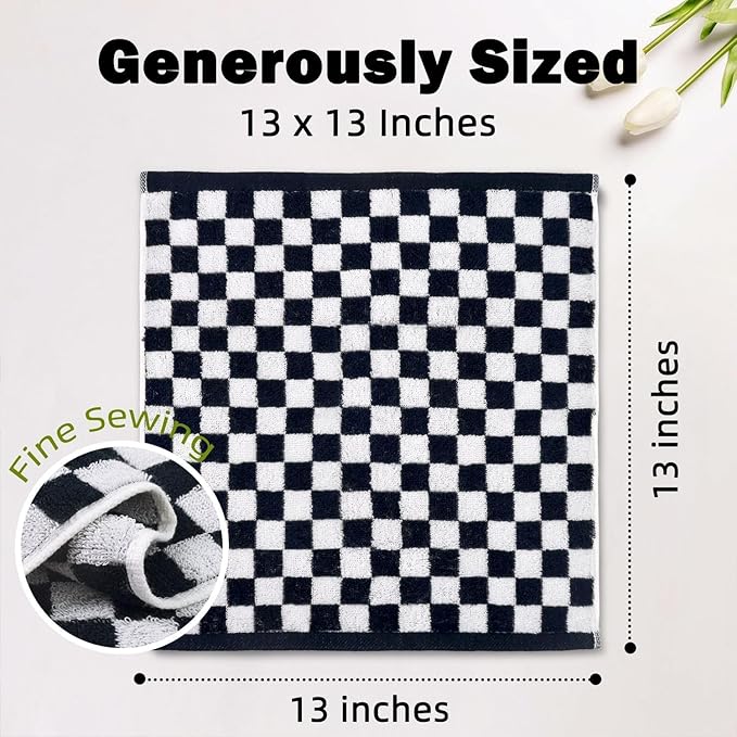 Jacquotha Wash Cloths Checkered 4 Pack (Black and White) - Cotton Washcloths for Face Body, 13 x 13 Inches Daily Cleansing Kitchen Towels