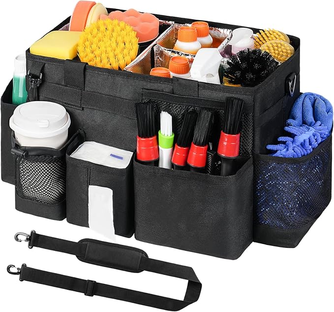 Wearable Detailing Caddy, Car Care Carrying Bag with Handle and Detachable Padded Cushion for Auto Cleaning Supplies & Vehicle Wash Tools, Black