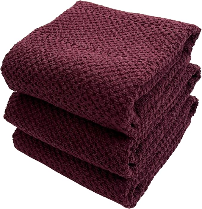 Purple Burgundy Wine Kitchen Hand Dish Towels: Oversized 28" x 18",100% Cotton Cloth Soft Cleaning Drying Absorbent Textured Design, Set of 3 Multipurpose for Everyday Use (Wine)