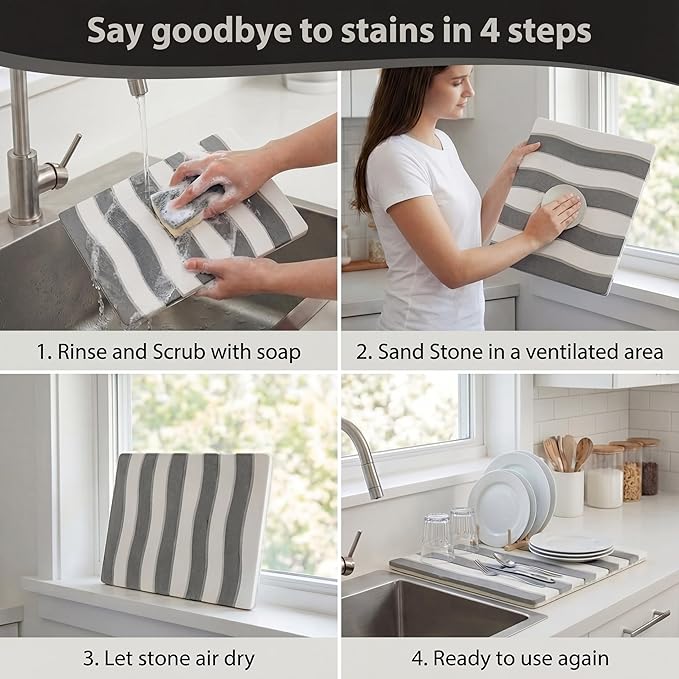 Large Diatomite Stone Dish Drying Mat for Kitchen Counter, 2 PCS Quick Dry Diatomaceous Earth Stone Dishes Mats for Countertop, Non-Slip Base, Foldable Design (Gray & White 24"×16" & 11"x5")