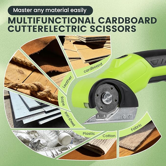Electric Scissors & Cardboard Cutter, 4V Cordless Power Box Cutter for Recycling - 2000mAh Rechargeable Battery -Rotary Cutter Tool for Fabric, Carpet & Leather -Includes 3 Blades & Storage Bag