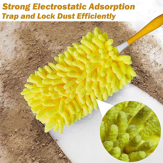Reusable Duster for Swiffer, 2 Refills +1 Handle, 360 Heavy Duty Duster Refill Compatible with Swiffer Hand Dusters, for Dusting Furniture, Blinds, Ceiling Fans, Walls and More, Yellow