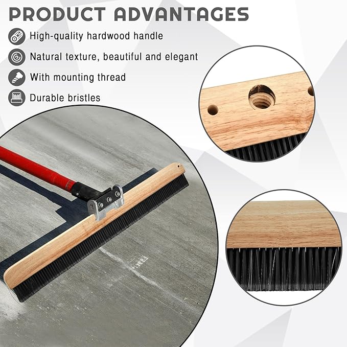 2 Pack 36 Inch Concrete Broom Finishing Tools Without Handle Wood Backed Brush Push Brooms with Mounting Threads for Concrete Finishes Hard Floors Yards