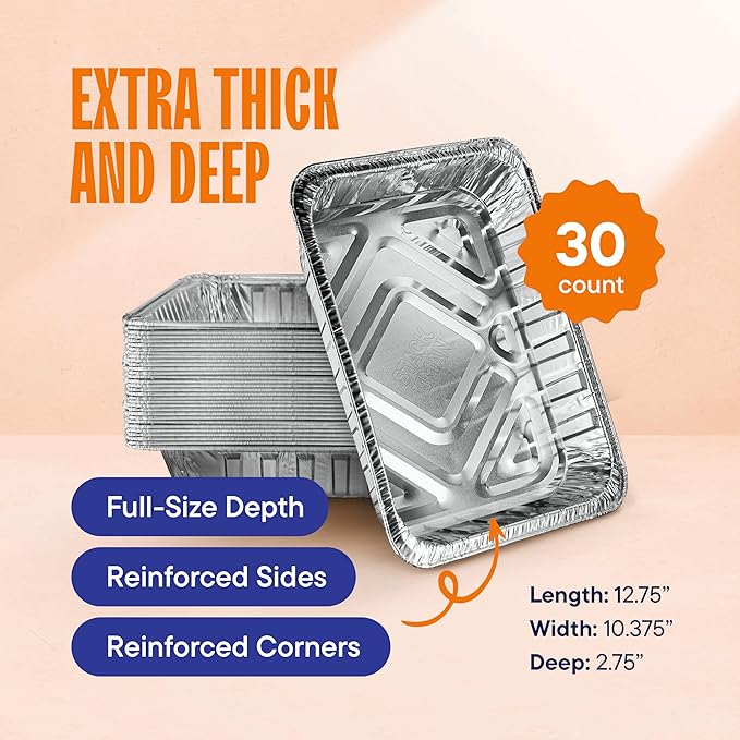 Aluminum Pans 9x13 Disposable Aluminum Foil Pans [30-Pack] Large Baking Pan Trays - Heavy Duty Tin Tray Half Size Chafing Dishes. Food Containers for Roasting, Cooking, Heating or Steam Table