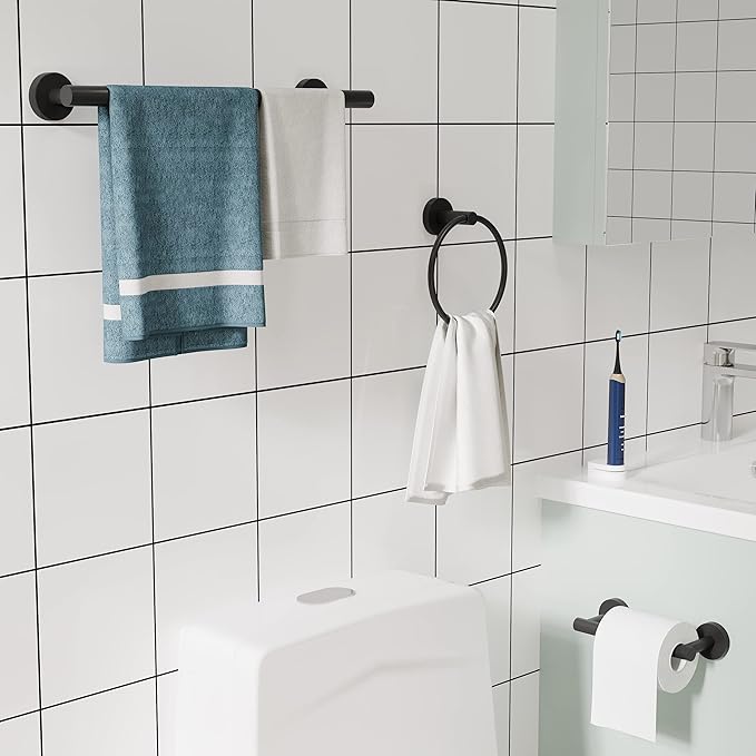 3pc Bathroom Hardware Set with Matte Black Toilet Paper Holder, Towel Ring, Towel Bar SUS304 Stainless Steel Toilet Paper Roll Holder Wall Mount, Bathroom Towel Holder, Towel Rack Set