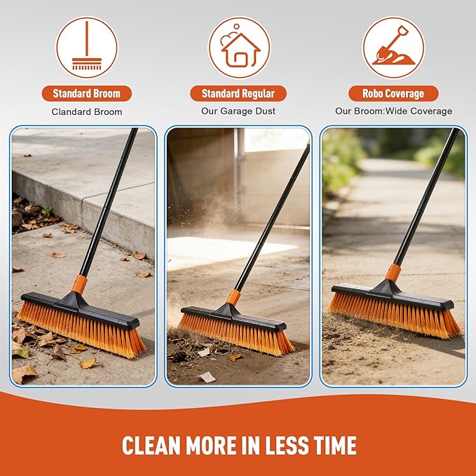 18" Push Broom Outdoor for Floor Cleaning with Extendable Long Handle, Stiff Bristle Heavy Duty Broom for Bathroom, Kitchen, Tub, Tile, Patio, Deck, Concrete, Industrial