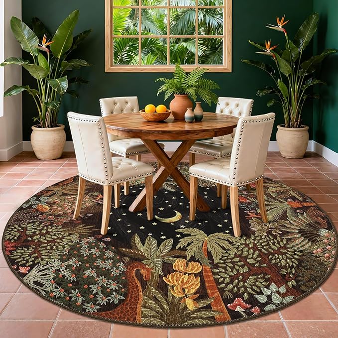 GarveeHome Round Area Rugs 6ft for Bedroom, Brown Jungle Washable Circle Rug Soft Non Slip Forest Animal Print Floor Mat Tiger Carpet Indoor Thin Rug for Bedroom Dining Room Playroom Nursery