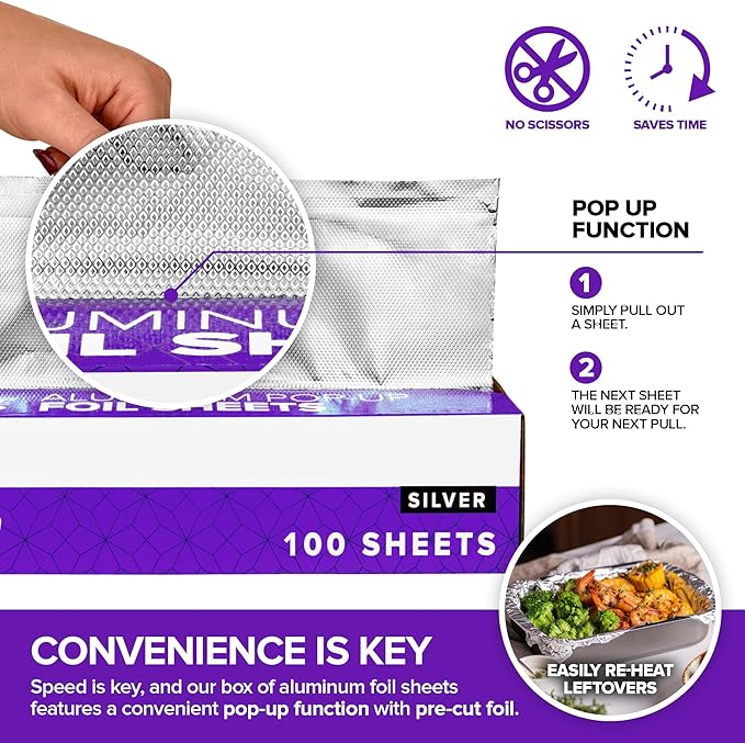 Pre-Cut Deli Aluminum Foil Sheets,100 Count - Heavy Duty 9x10' Pop Up Sheet for Burrito, Hot Dogs & Sandwiches