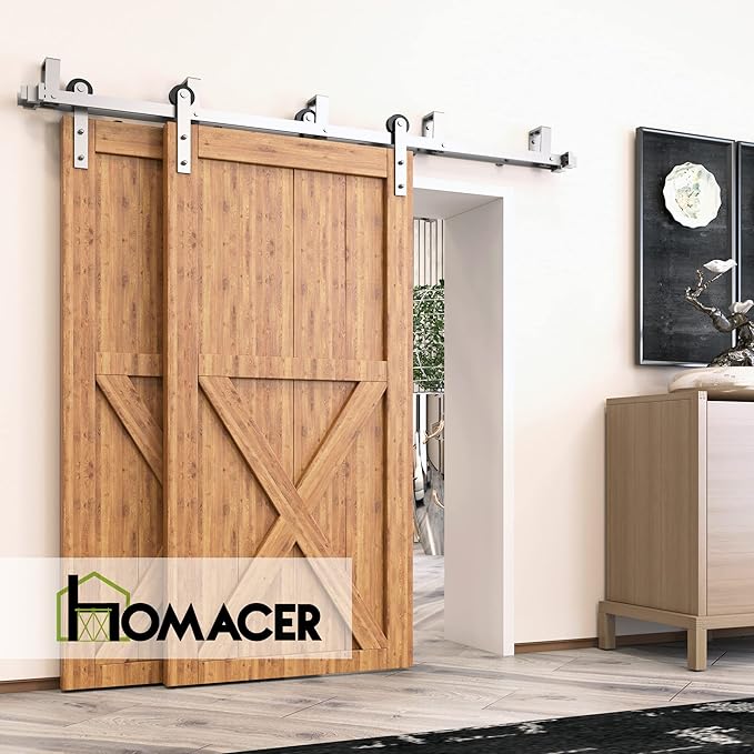 Homacer Brushed Nickel Double Track U-Shape Bypass Sliding Barn Door Hardware Kit, for Two/Double Doors, 20ft Long Flat Track, Straight Design Roller