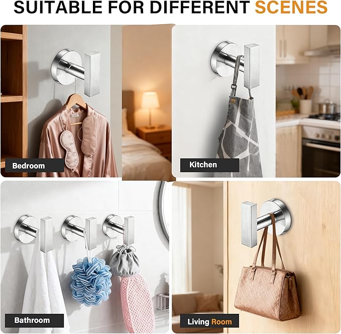 Towel Hooks for Bathrooms, Brushed Nickel Towel Hook for Kitchen Bathroom, SUS304 Stainless Steel Coat Hook, Heavy Duty Holder Robe Hooks for Hanging Towels, Coats, sponges, Wall Mount, 4 Pack