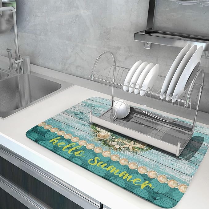 Hello Summer Dish Drying Mat for Kitchen Counter,Sea Shell Starfish Coastal Wreath Drying Mat 18 x 24 Inch with Absorbent Reversible Microfiber Drying Pad for Coffee Bar