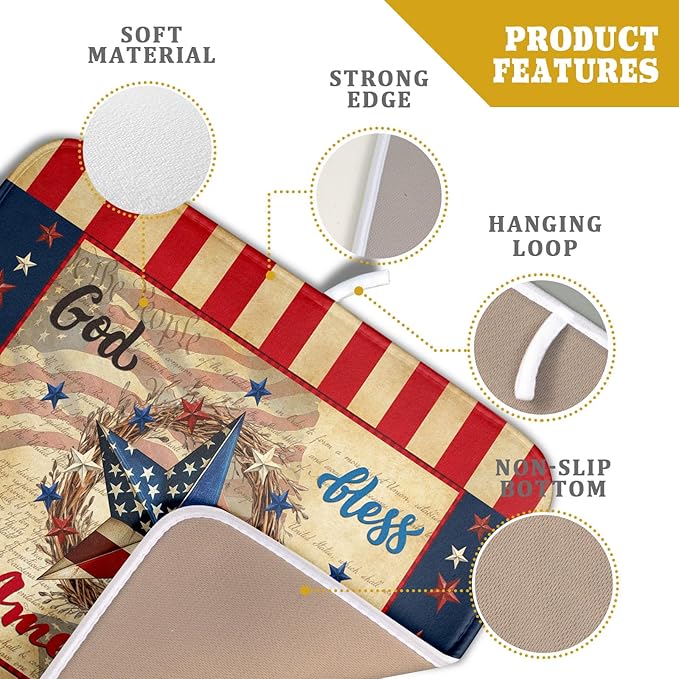 4th of July God Bless Dish Drying Mat for Kitchen Counter,American Flag Star Patriotic Independence Day Drying Mat 16 x 18 Inch with Absorbent Reversible Microfiber Drying Pad for Coffee Bar