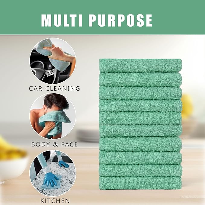 Textila Terry Wash Cloths – Pack of 10, Aqua Green, 12x12 Inches – Soft, Absorbent & Multipurpose Cotton Washcloths for Face, Hand, Bath, Kitchen, Spa, Gym & Hotel Use