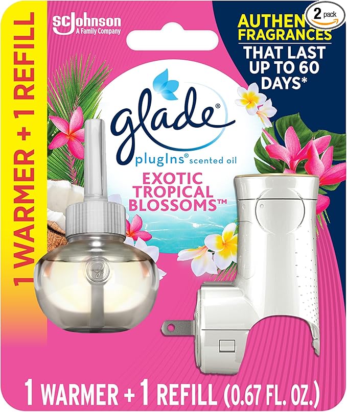 Glade PlugIns Refills Air Freshener Starter Kit, Scented and Essential Oils for Home and Bathroom, Exotic Tropical Blossoms, 0.67 Fl Oz, 1 Warmer + 1 Refill