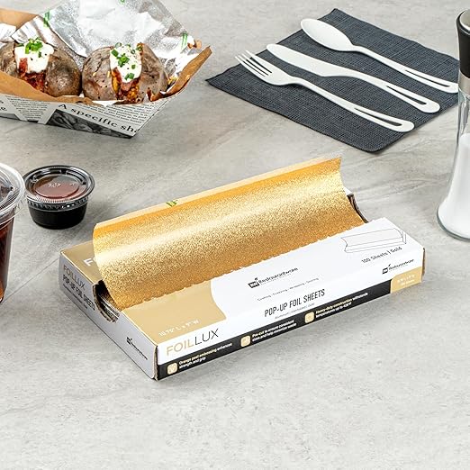 Restaurantware-Foil Lux 10.8 x 9 Inch Pop-Up Sheets, 2000 Disposable Papers For Food - Orange Peel Embossing, Interfolded, Gold Aluminum Foil Sheets, Greaseproof, Freezable And Oven Ready