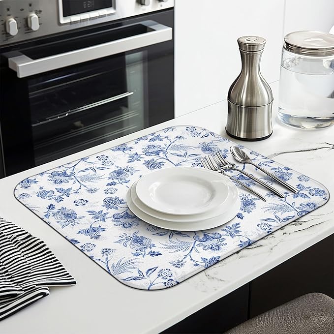 Blue Floral Dish Drying Mat for Kitchen Counter, French Farmhouse Style Microfiber Drying Rug, Washable and Absorbent Kitchen Countertop Dish Drainer, 16x18 Inch