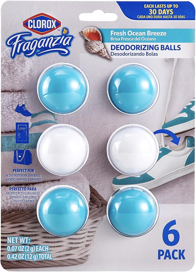 Clorox Fraganzia Deodorizing Balls for Shoes & Small Spaces, Battery-Free No-Plug Air Freshener Pods, Twist-to-Activate Odor Refresher for Gym Bags, Lockers & Drawers, Fresh Ocean Breeze, 6 Count