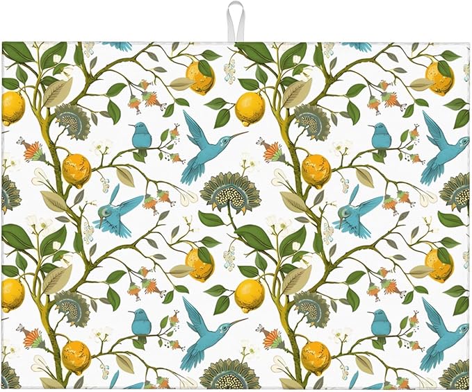 Summer Dish Drying Mat 18x24 Inch for Kitchen Counter, Blue Bird Flower Drying Mats Super Absorbent Fresh Yellow Lemon Dishes Pad for Kitchen Dining Room Seasonal Holiday Outdoor Indoor Decor