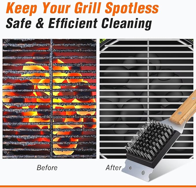 SIMPLETASTE Grill Brush and Scraper for BBQ, Durable & Effective, Replaceable Stainless Steel Head, Wooden Handle Wire Grill Brush for Outdoor Grill, Barbecue Accessories