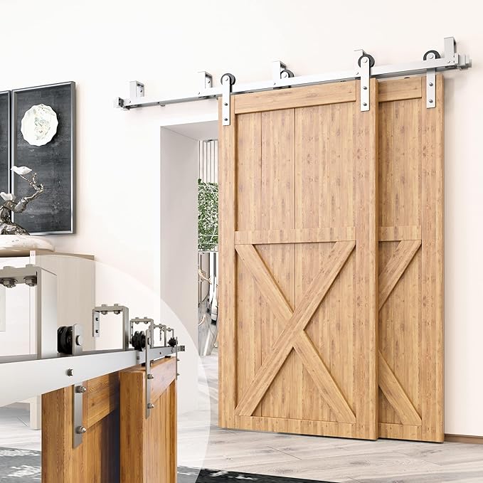 Homacer Brushed Nickel Double Track U-Shape Bypass Sliding Barn Door Hardware Kit, for Two/Double Doors, 7.5ft Long Flat Track, Straight Design Roller