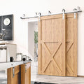 Homacer Brushed Nickel Double Track U-Shape Bypass Sliding Barn Door Hardware Kit, for Two/Double Doors, 7ft Long Flat Track, Straight Design Roller