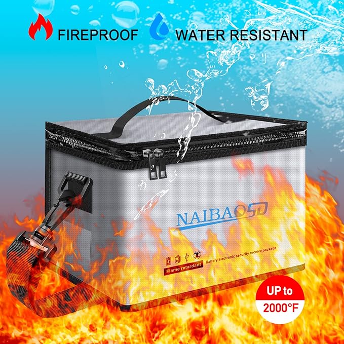 Fireproof Explosionproof Lipo Battery Bag for Lipo Battery Storage and Charging, Large Capacity Fire Resistant Detachable Shoulder Strap with Double Metal Zipper (11 x 8 x 6.5 in)
