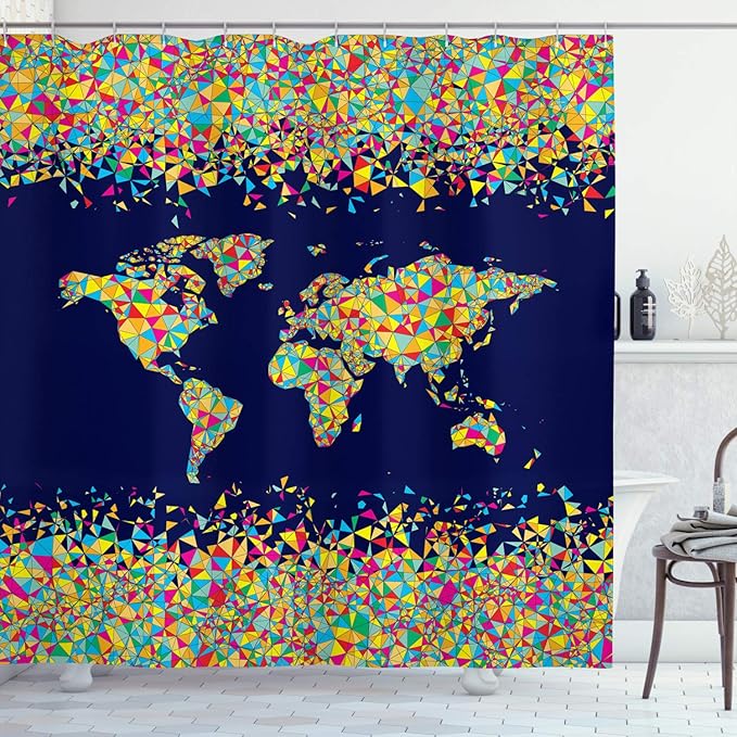 Ambesonne Map Print Shower Curtain, World Map Design with Mosaics Print Global Scene Atlas Colorful Art, Cloth Fabric Bathroom Decor Set with Hooks, 69" W x 75" L, Dark Blue Yellow Blue