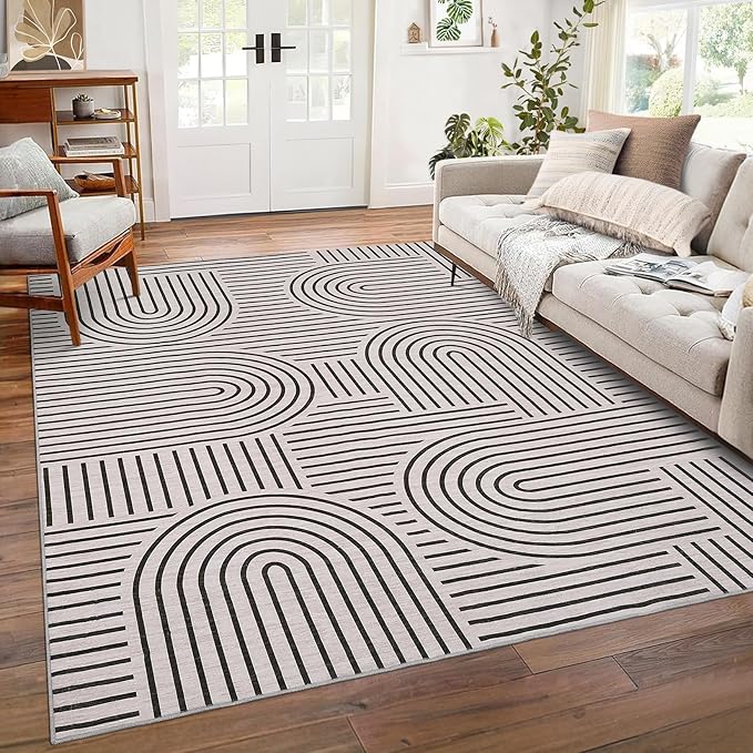 Washable Rug 9x12 Area Rugs for Living Room, Abstract Rug for Bedroom, Soft Rainbow Non Slip Throw Rugs with Rubber Back, Low Pile Stain Resistant Boho Geometric Carpet for Dining Room, LightCamel