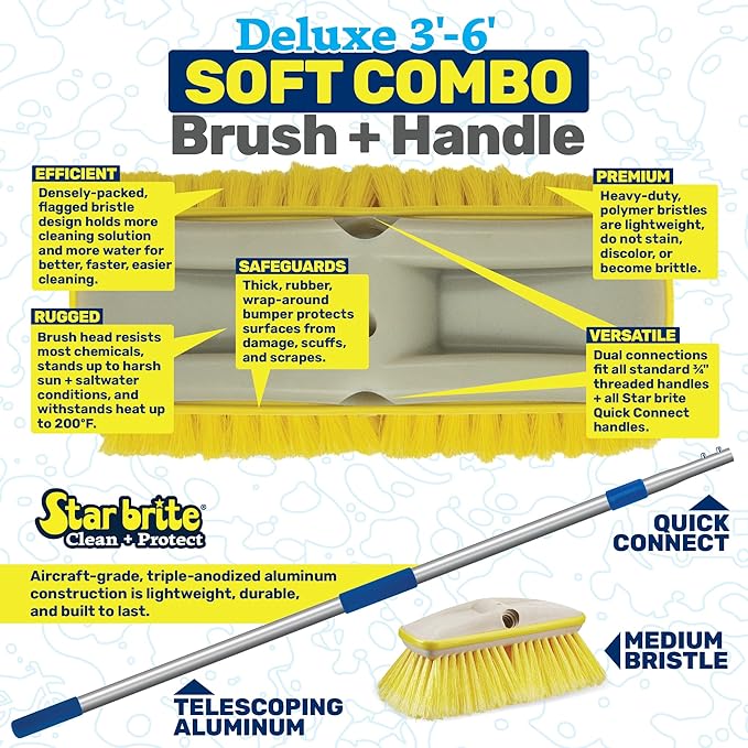 STAR BRITE Deluxe Telescoping Deck Brush Kit - Extendable Aircraft-Grade Aluminum Handle, Soft or Medium Bristles, Floats if Dropped, Ergonomic Design, Multi-Surface Cleaning