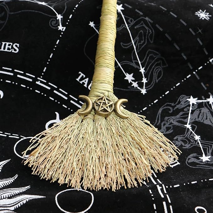 Witch Altar Mini Broom with Crystal and Triple Moon Decor - Wiccan Tools for Healing Energy Cleansing Altar Decoration (Red Crystal)