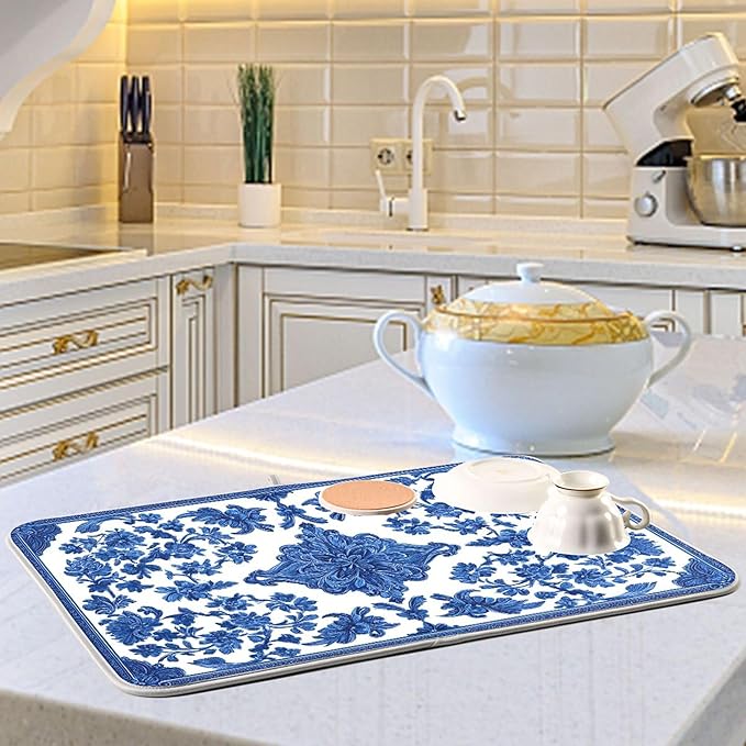 Blue White Porcelain Floral Dish Drying Mat for Kitchen Countertop 18x24 Rectangle Large Drying Mat Reusable Quick Dry Dish Sink Absorbent Mats Dishwasher Easy Clean Decorative Home Decor Essentials