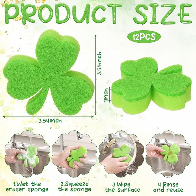 Tioncy 12 Pack St. Patrick's Day Clover Sponges Bulk Dual Sided Scrubber Sponges Dishwashing Kitchen Cleaning Accessories for Household Supplies