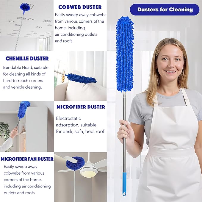 Dusters for Cleaning, 5-in-1 Dusters, Ceiling Fan Cleaner Duster with Extension Pole, Microfibe, Cobweb and Chenille Duster for Fans, Blubs, Cars, Blinds and Furniture