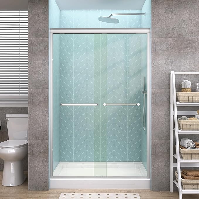 GETPRO Shower Door Sliding 44-48 in. W x 72 in. H Semi-Frameless Bypasss Double Sliding Doors for Shower,1/4 inch Clear Tempered Walk-in Shower Glass Door Brushed Nickel
