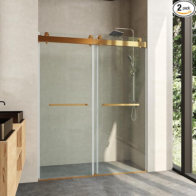 Frameless Soft Close Shower Door, 46"-48 "W, 76 "H, 3/8" (10mm) Clear Tempered Glass, Double Sliding Doors, Brushed Gold Finish.