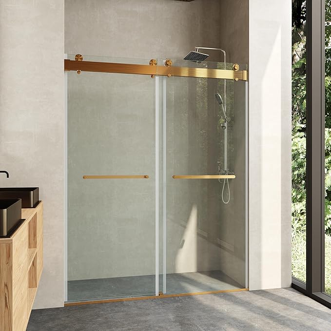Frameless Soft Close Shower Door, 68"-72 "W, 76 "H, 3/8" (10mm) Clear Tempered Glass, Double Sliding Doors, Brushed Gold Finish.