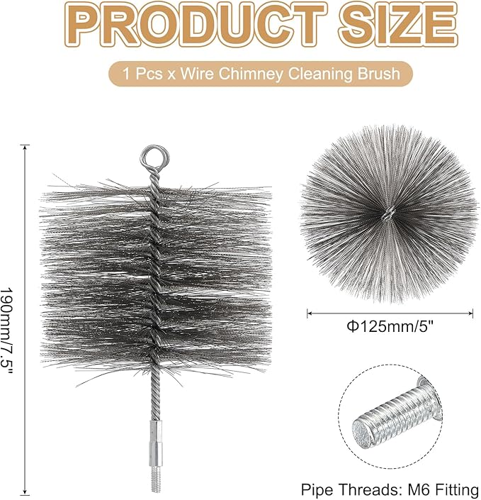 PATIKIL 5" Wire Chimney Cleaning Brush, Stainless Steel Round Chimney Sweep Brush with M6 Fitting for Fireplace Burning Stove Tent Dryer Pipes, Silver