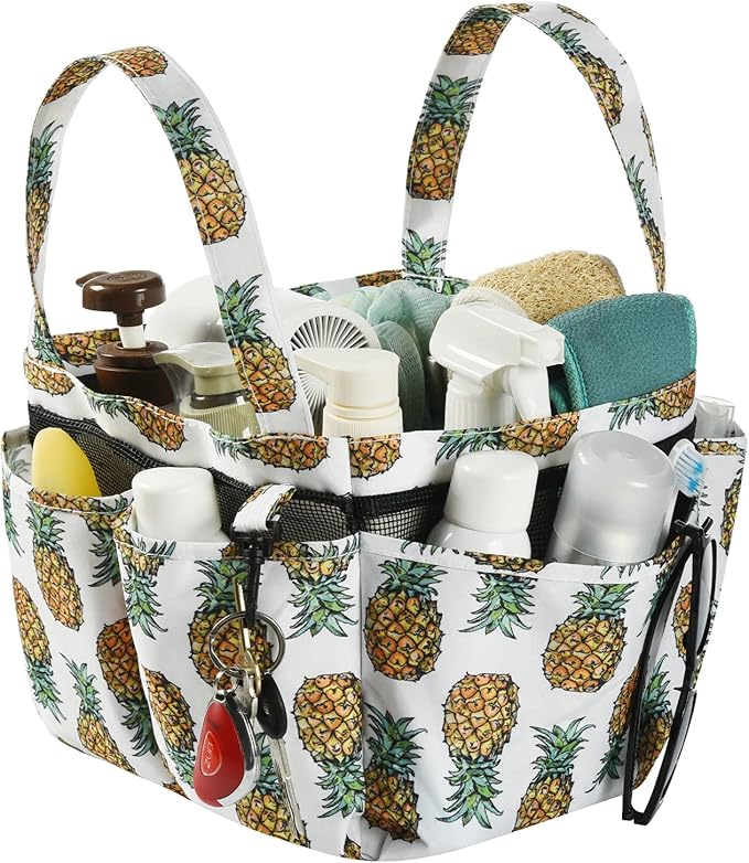 Haundry Portable Mesh Shower Caddy Bag, Large Basket Organizer with Key Hook for College Dorm Bathroom Camp Gym, Hanging Tote Bag with 8 Pockets (Pineapple)