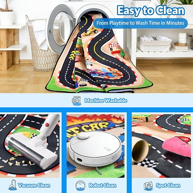 Kids Rug, Race Track Baby Play Mats, 6x9 FT Race Car Rug with 3D Cascading Surround Route, Soft & Non-Slip, Machine Washable Race Road Carpet for Kids Room, Boys Room, and Playroom