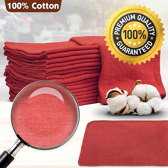 Nabob Wipers Auto Mechanic Shop Towels 25 Pack Bulk Shop Rags 100% Cotton Size 14"x14" Commercial Grade (25 Pack, Red)