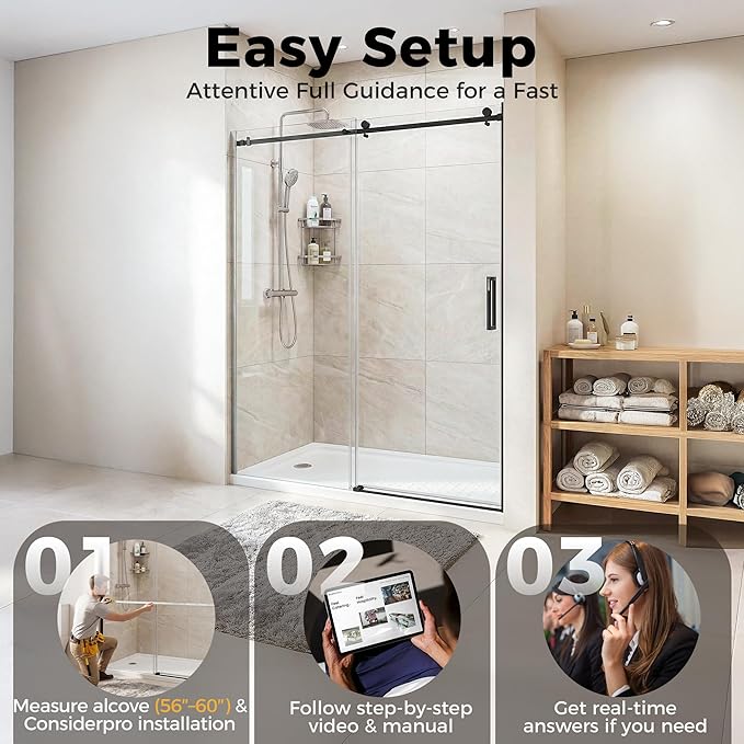 56-60" W x 75" H Frameless Shower Door, Magnetic Sliding Glass Shower Door, 5/16"(8mm) Thick Tempered Glass, Leak-Proof Seals, Stainless Steel Hardware, Easy-Clean Nano Coating, Matte Black