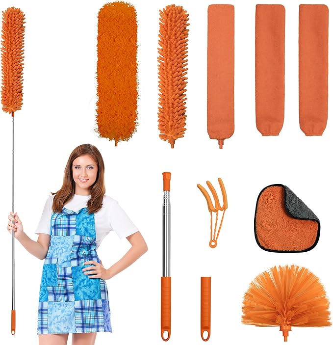 JEHONN Cobweb Duster with Extension Pole 96 inches, 8 PCS Extendable Long Handle Microfiber Feather Dust Remover, Telescoping Dusting Kit for Cleaning High Ceiling Fan, AC Vent House Exterior