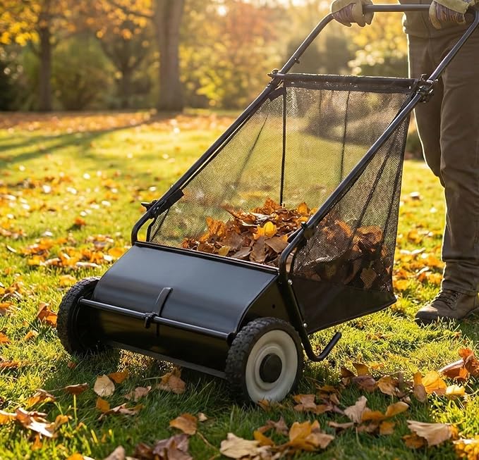 Lawn Push Sweeper, 26" Sweeping Width Floor Sweeper, 7 Cu. Ft. Hopper Capacity, 4 Spinning Brushes, Angle & Height Adjustable Folding Handle for for Leaves and Grass, Yard, Garage, Patio (26“)