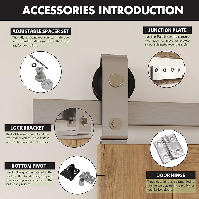 Homacer 60in Brushed Nickel Top Mount Bi-Folding Sliding Barn Door Hardware Kit for 2 Doors,Heavy Duty, Quietly,Easy to Install (Door Not Included)